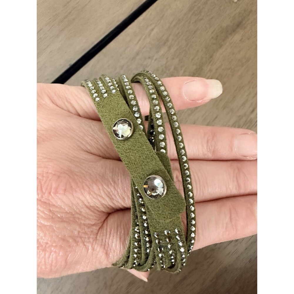 Retired Touchstone Wrap Star Olive Green Alcantara Swarovski Crystals Bracelet - Picture 3 of 6